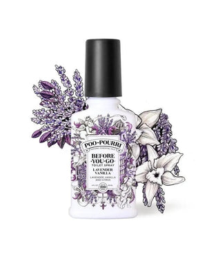 Lavender Vanilla Poo-Pourri bottle stands ready — same scent family