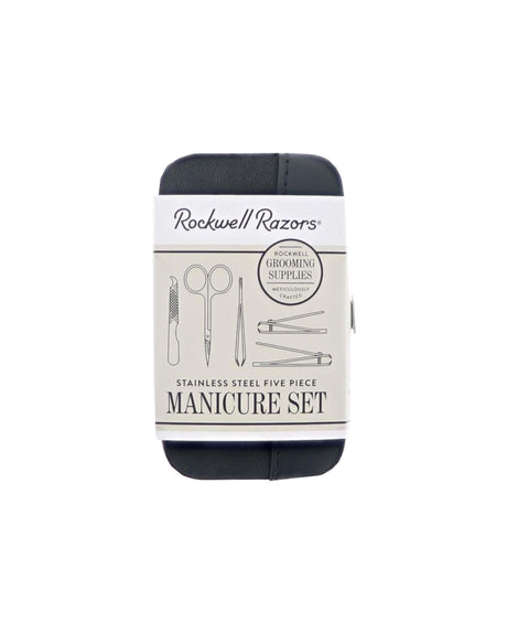 Rockwell stainless 5-piece manicure set in black case with white sleeve.