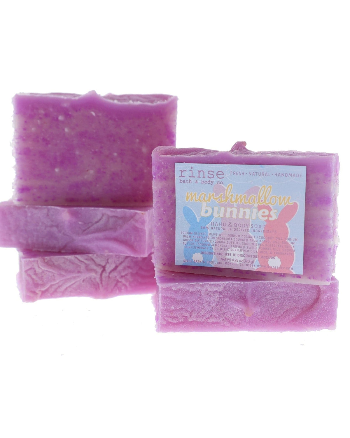 Purple-marble Marshmallow Bunnies bars stack for the label — pastel bunny silhouettes on bright white