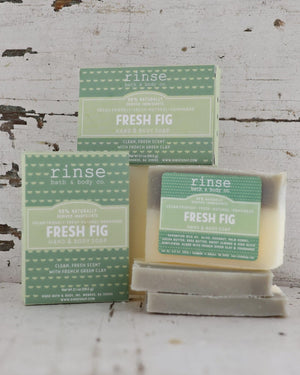 Mini Fresh Fig soap and boxes on distressed white wood — two-tone ivory and sage bar in rustic light