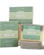 Mini Fresh Fig soap with sage cartons on bright white — cream bar over French green clay base