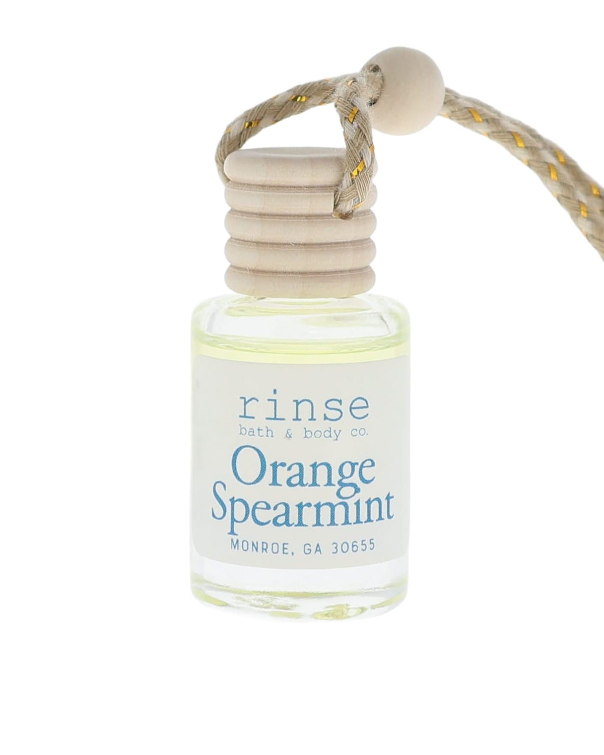Small bottle of 'Orange Spearmint' perfume with a rope on a white background