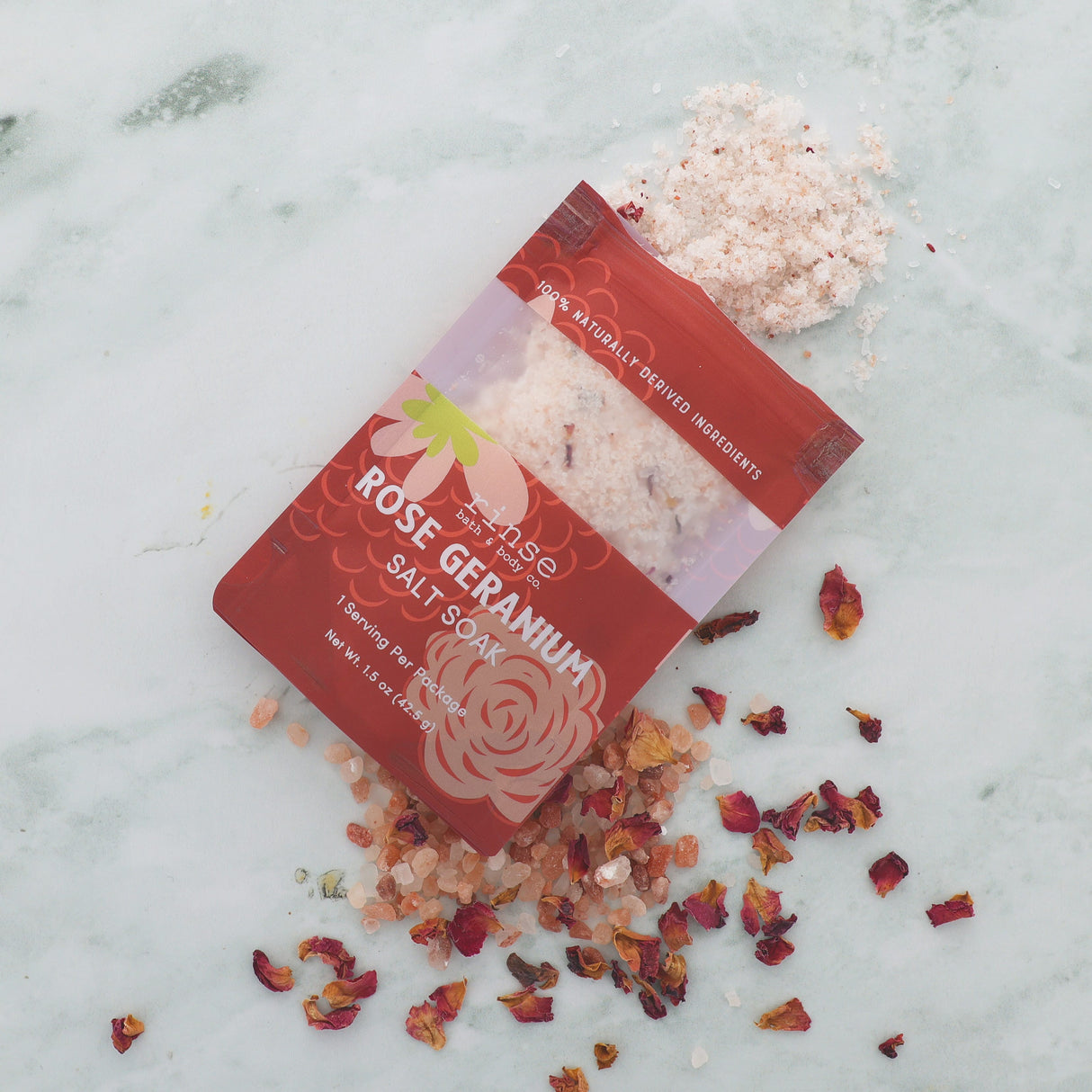 natural bath soak in Rose Geranium by Rinse Bath & Body - detail view