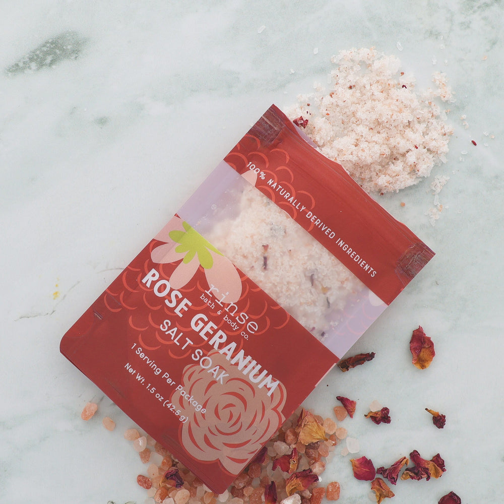 natural bath soak in Rose Geranium by Rinse Bath & Body - detail view