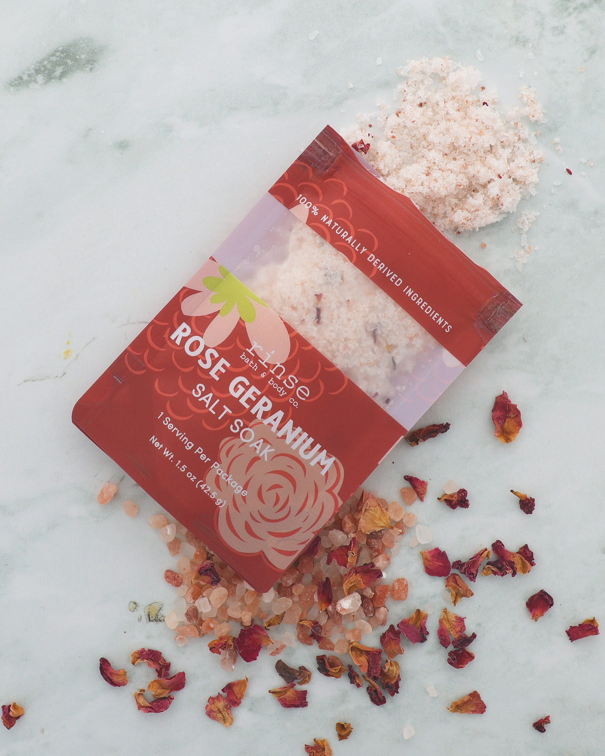 natural bath soak in Rose Geranium by Rinse Bath & Body - detail view