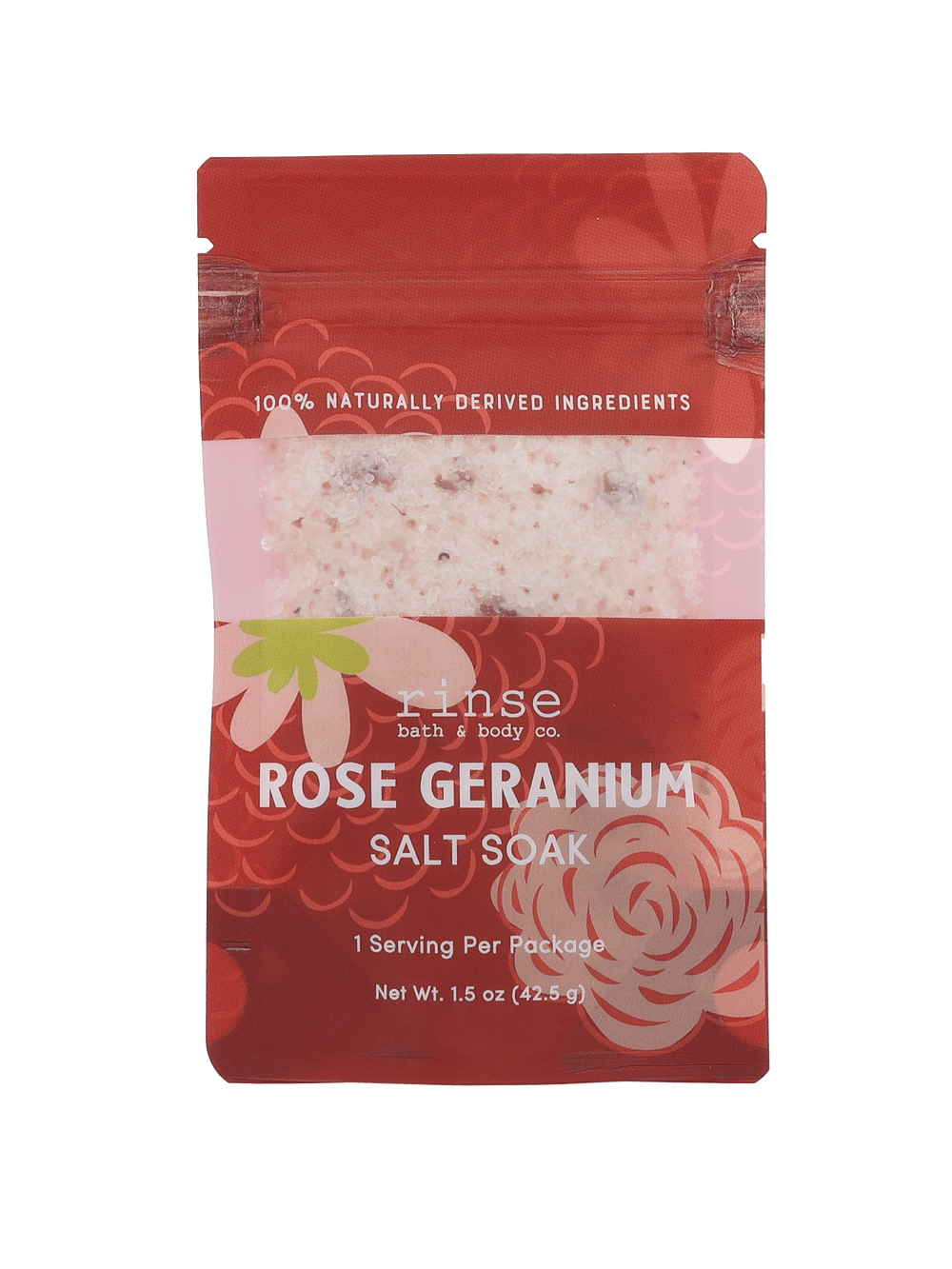 Rose Geranium Salt Soak pouch centered on black — terracotta wrap revealing mineral crystals and floral bits