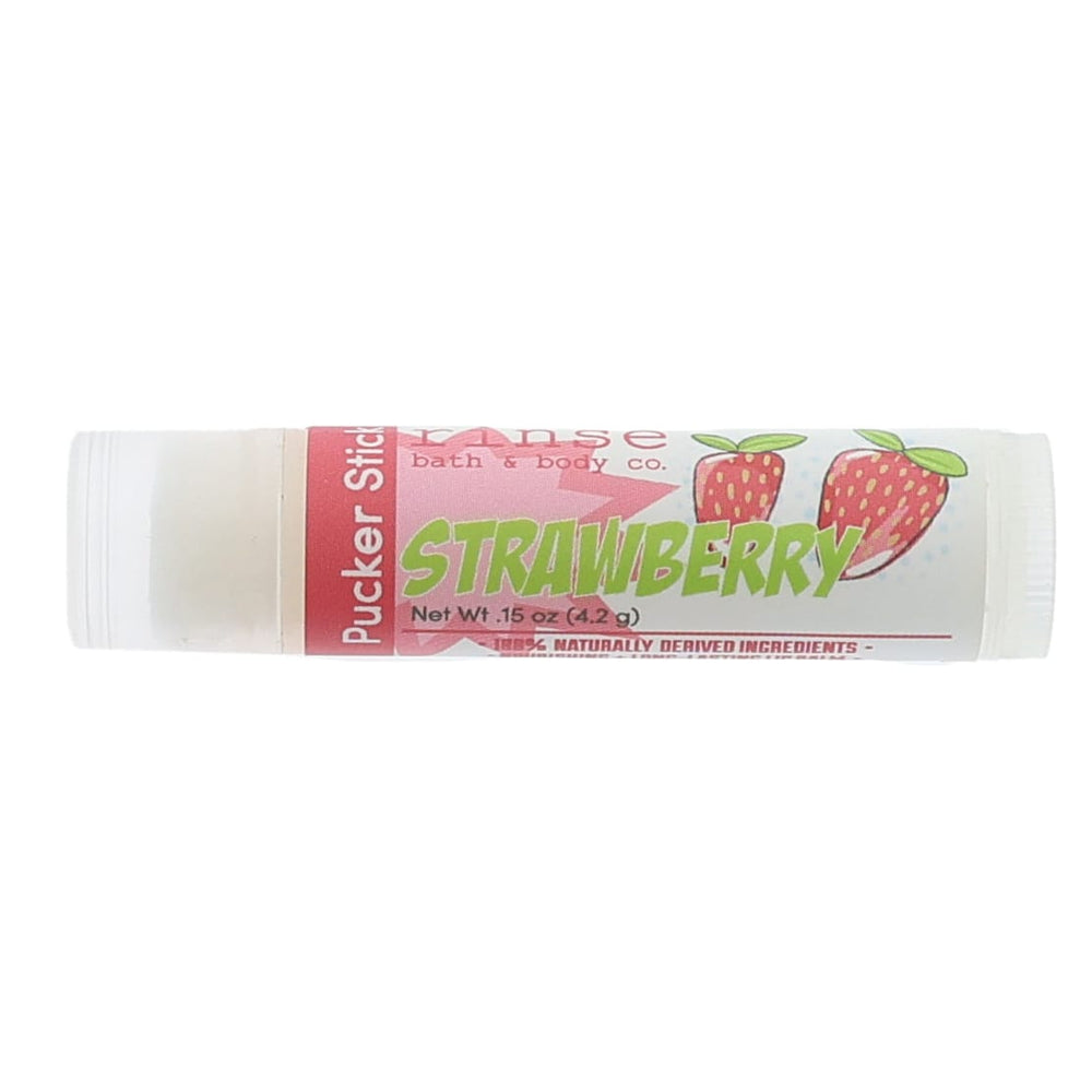 Strawberry Pucker Stick lying on bright white — lime-green bubble lettering and twin strawberry graphics
