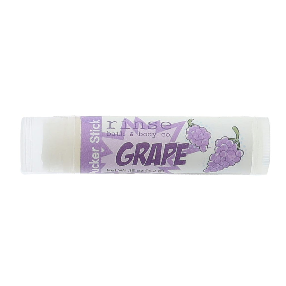 Grape lip balm in its purple-labelled twist-up tube — a pop of grape punch for kids and adults. Rinse Bath & Body Co.