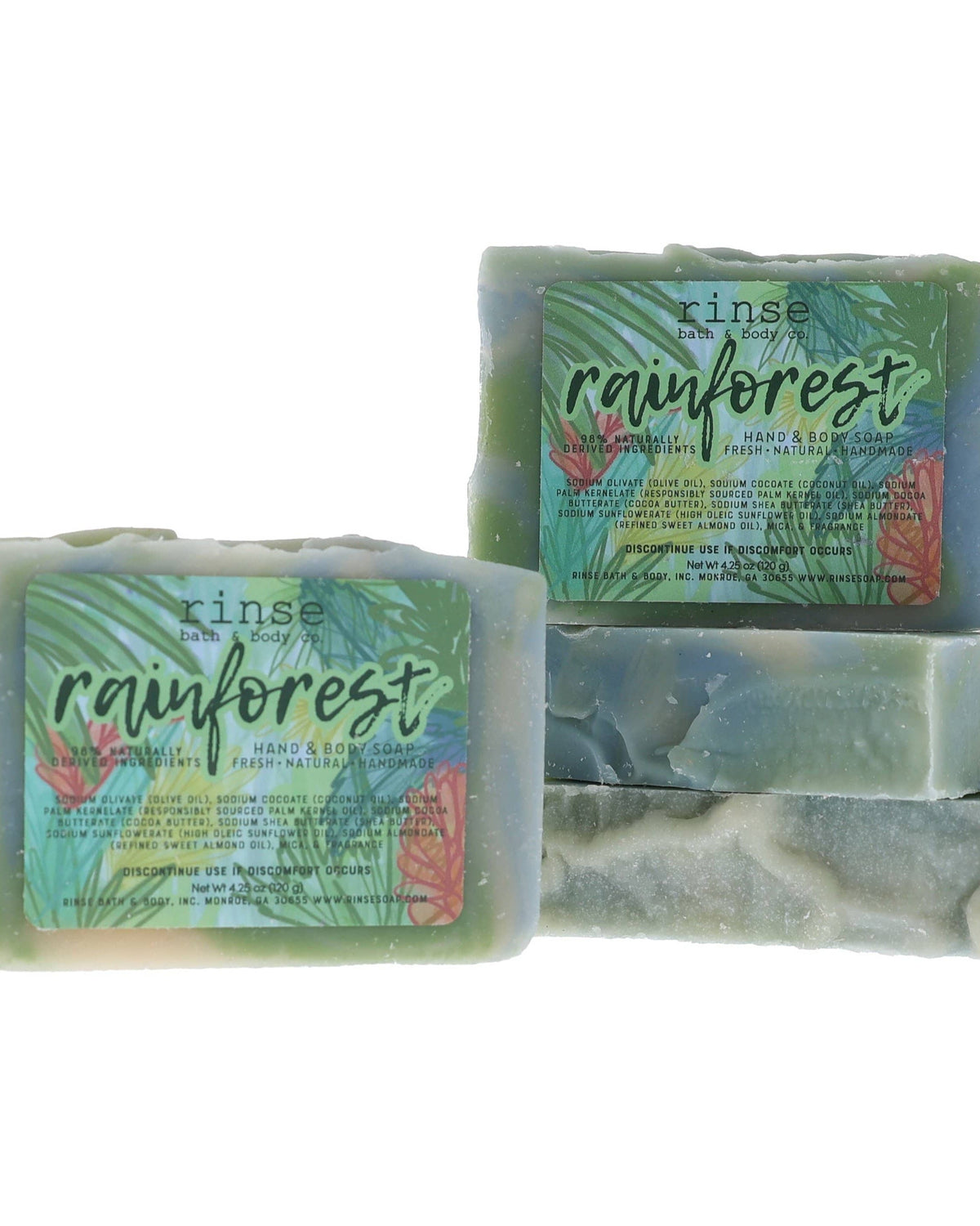 Rainforest soap with seafoam blue cream marble — tropical leaf label on clean bright white