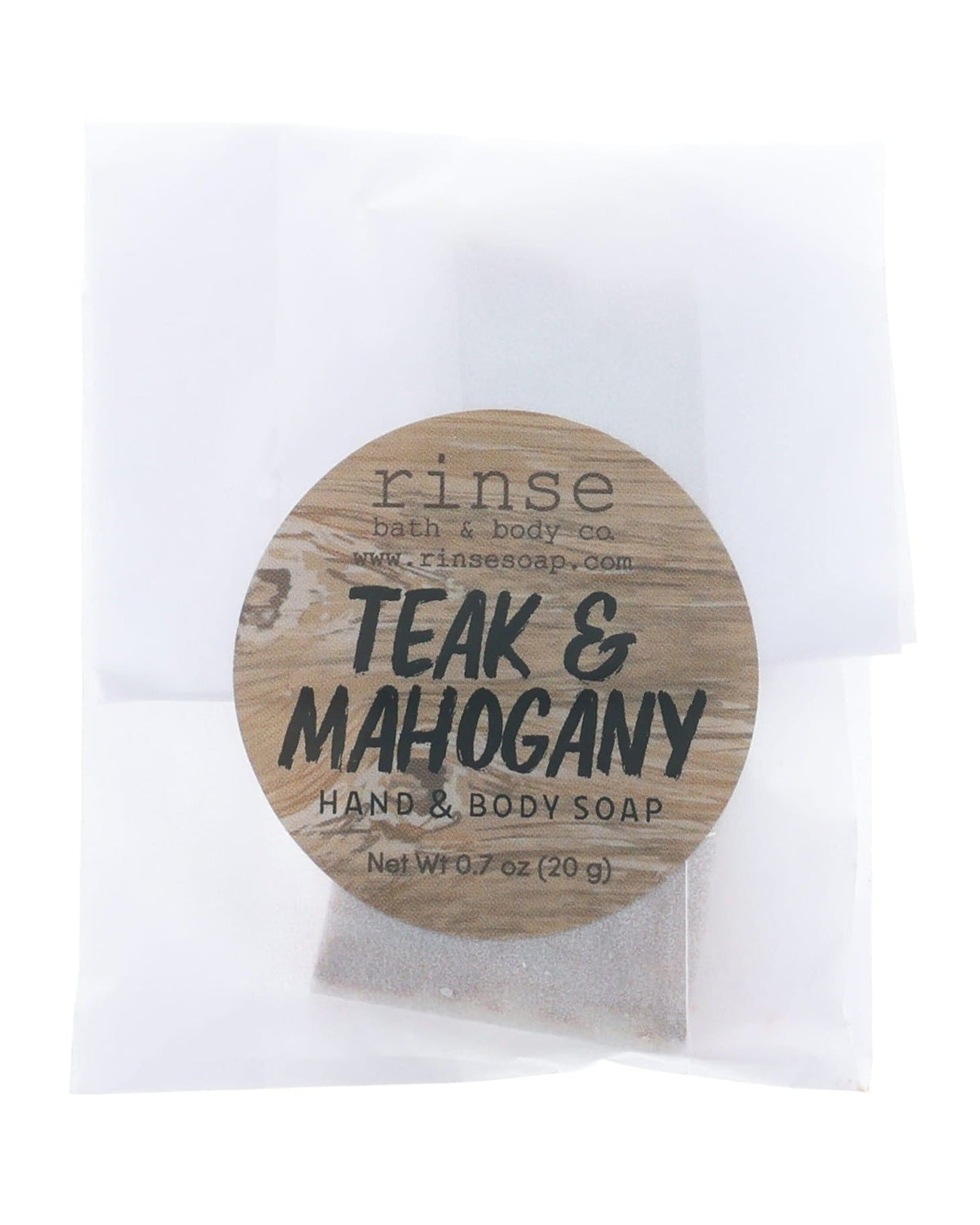 Teak & Mahogany soap slice in glassine — wood-look circle sticker on clean bright white