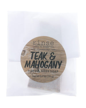 Teak & Mahogany soap slice in glassine — wood-look circle sticker on clean bright white
