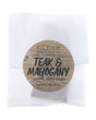 Teak & Mahogany soap slice in glassine — wood-look circle sticker on clean bright white