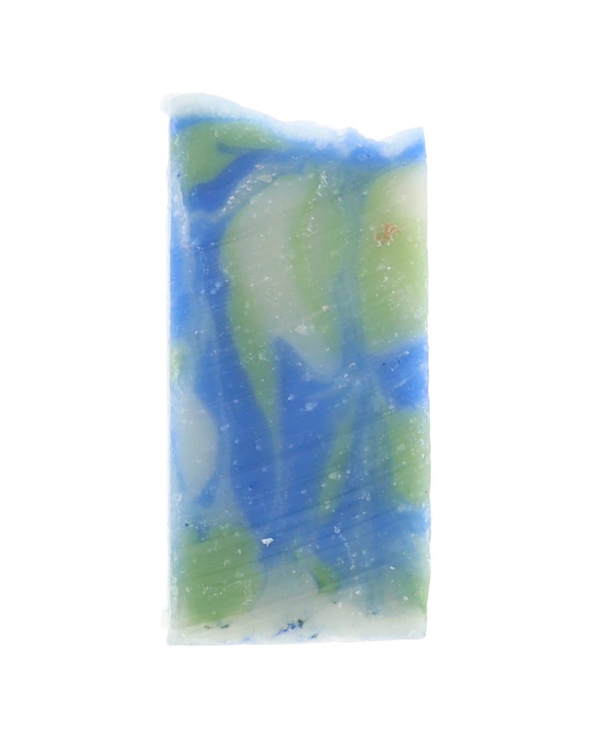 Bare Rainforest soap slice stands upright — blue green cream swirls on stark white