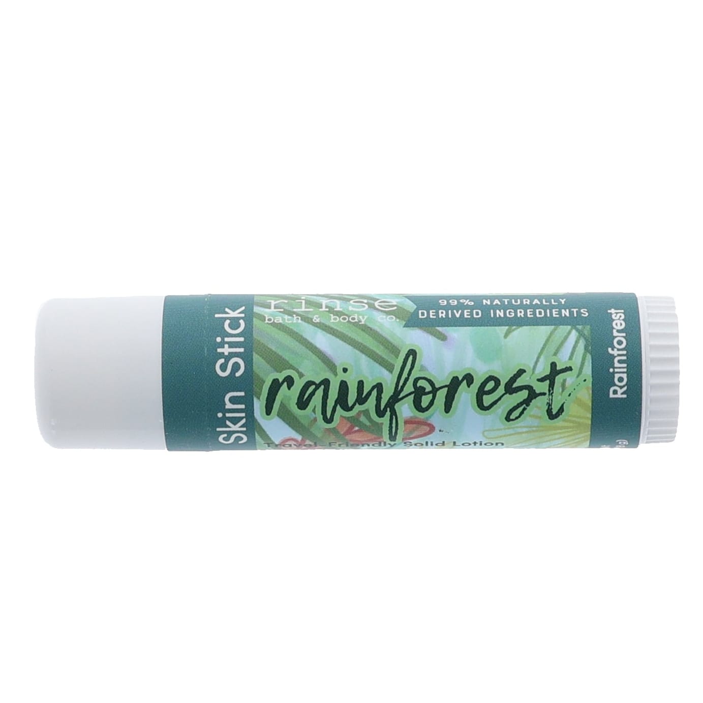 The Rainforest Skin Stick in its labelled twist-up tube — travel-friendly solid lotion. Rinse Bath & Body Co.