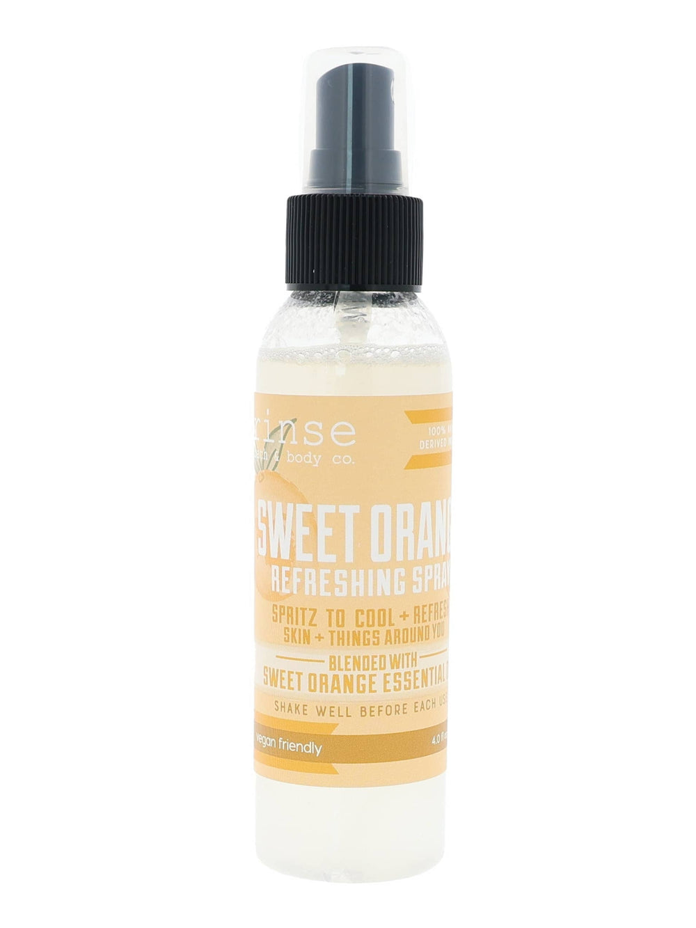 Sweet Orange Refreshing Spray standing on bright white — clear bottle and citrus label in clean studio light
