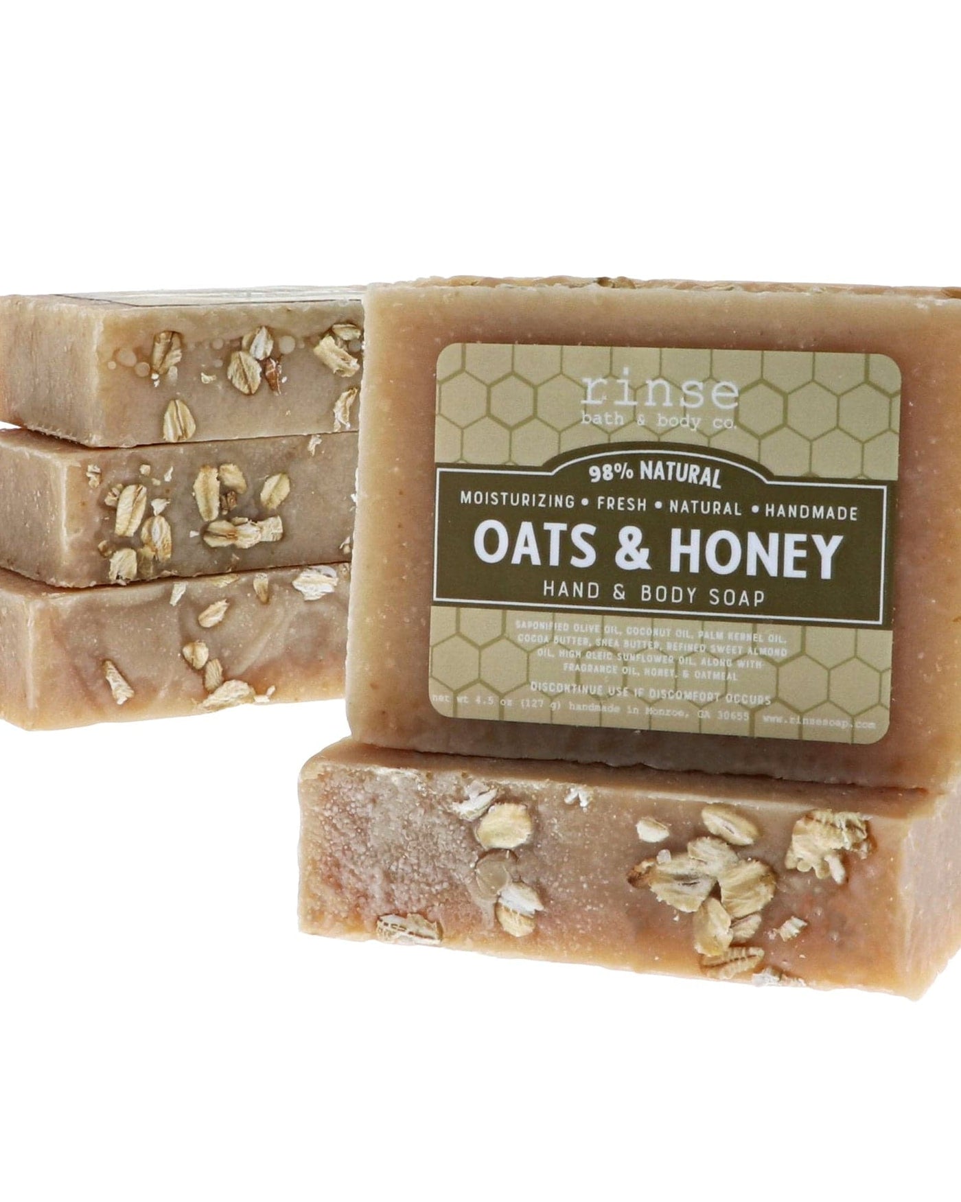 Oats & Honey bars stacked to show the oat-flecked top — gently exfoliating, made for sensitive and easily irritated skin. Rinse Bath & Body Co.