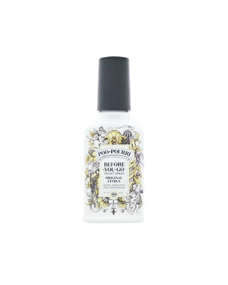 Original Citrus Poo-Pourri 4oz bottle standing on bright white — citrus toilet spray before-you-go formula.