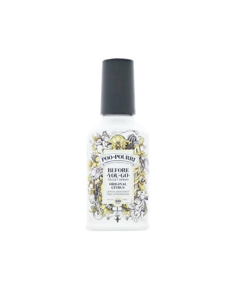 Original Citrus Poo-Pourri 4oz bottle standing on bright white — citrus toilet spray before-you-go formula.