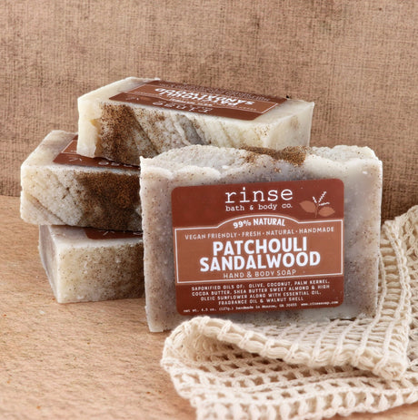 Rinse Patchouli Sandalwood handmade natural bar soap - moisturizing and gentle - lifestyle shot