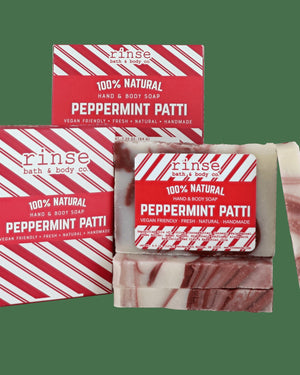 Peppermint Patti mini soap bars with candy-cane cartons — creamy bars, cool mint holiday scent