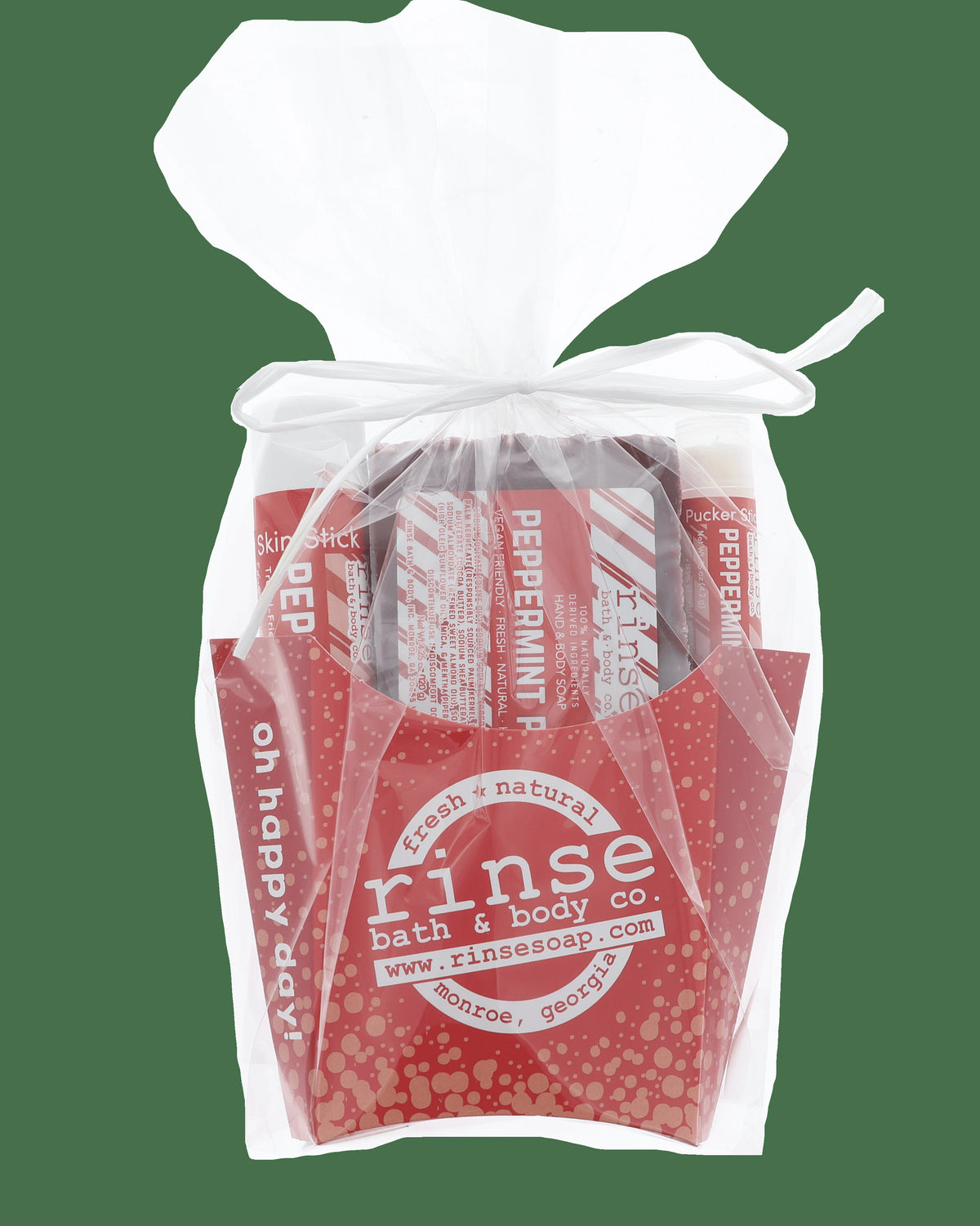 Peppermint Patti fry-box gift wrapped in cello with ribbon — cool mint three-piece set ready to hand over