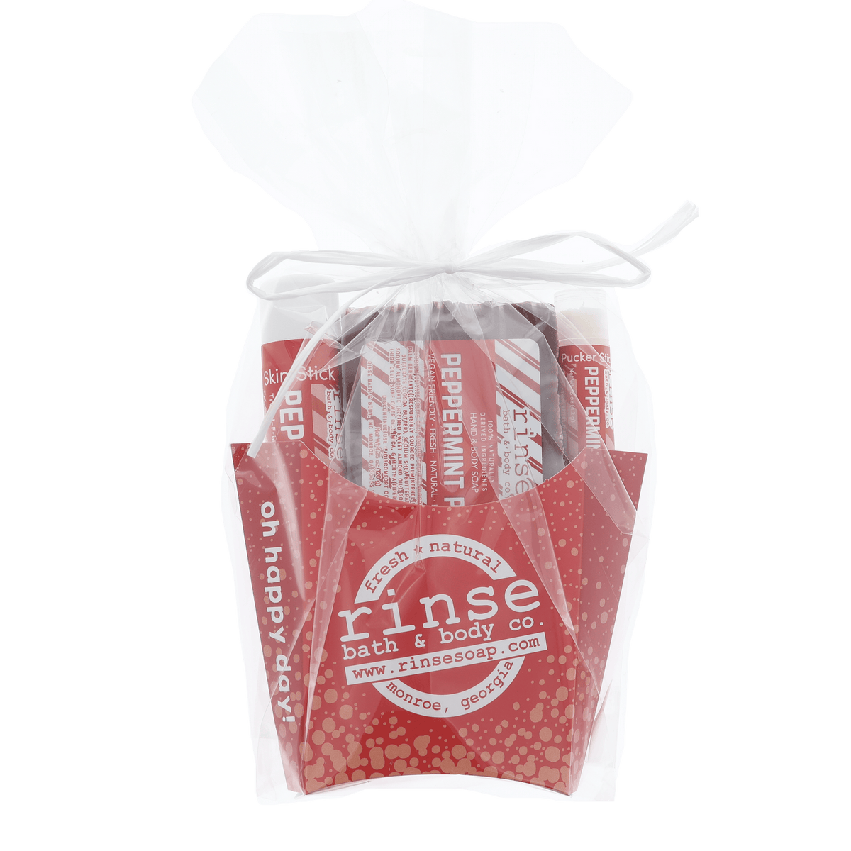 Peppermint Patti fry-box set in cello wrap — square studio view of the ribbon-tied gift