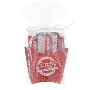 Peppermint Patti fry-box set in cello wrap — square studio view of the ribbon-tied gift