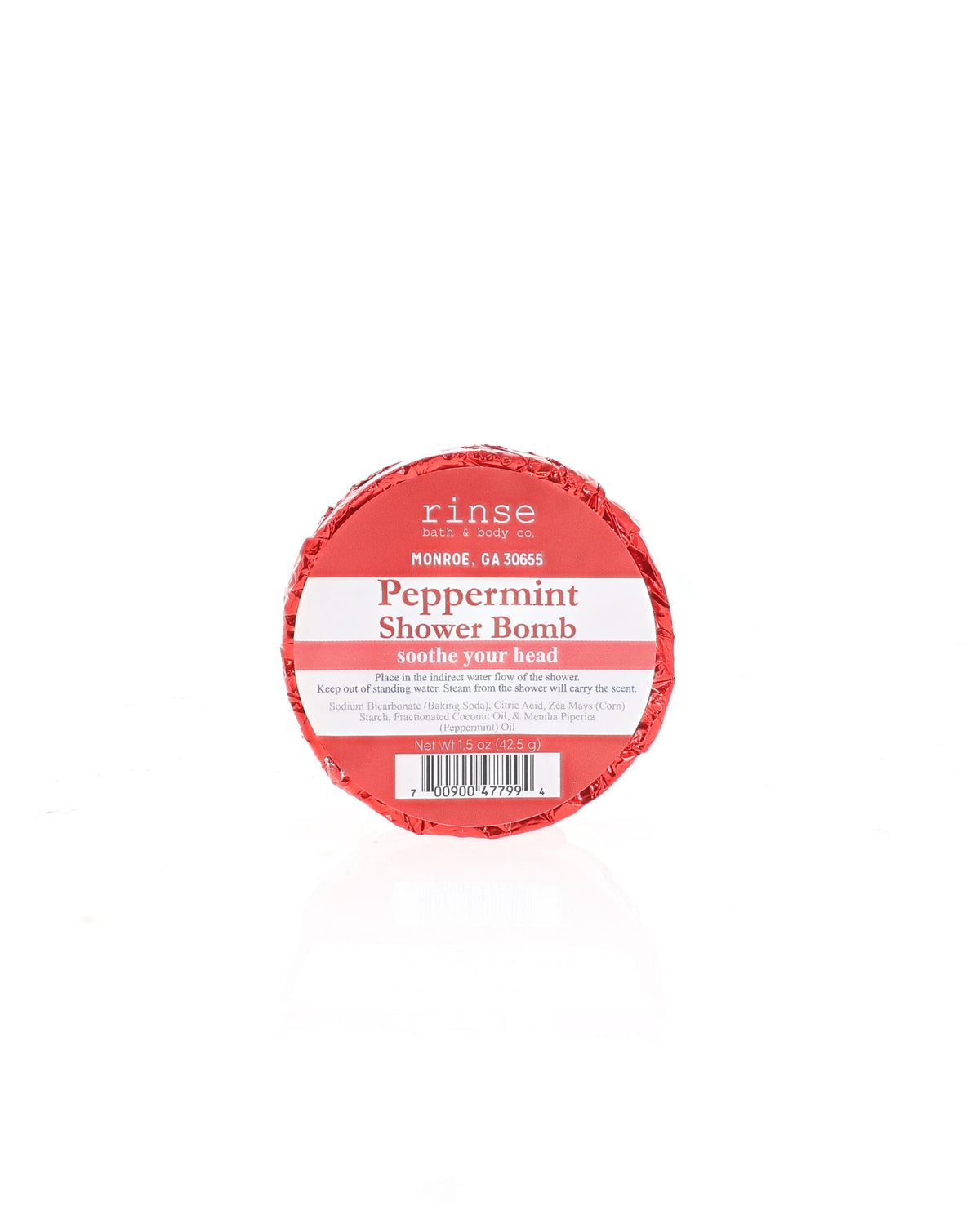 Peppermint Shower Bomb sits wrapped in foil with its current Rinse label; shown for display; listing is for one (1)