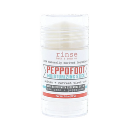 Peppermint foot moisturizing stick with 'rinse' branding on a green background
