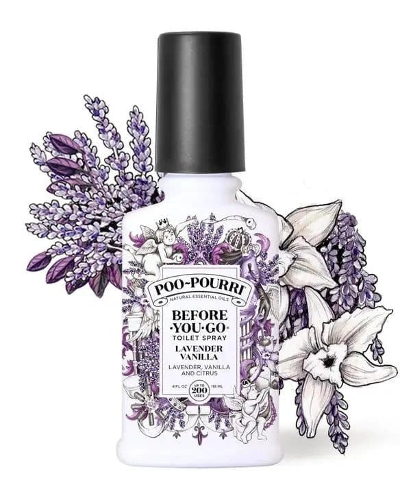 Poo-Pourri Lavender Vanilla 4oz bottle standing on bright white — lavender vanilla toilet spray before-you-go formula.