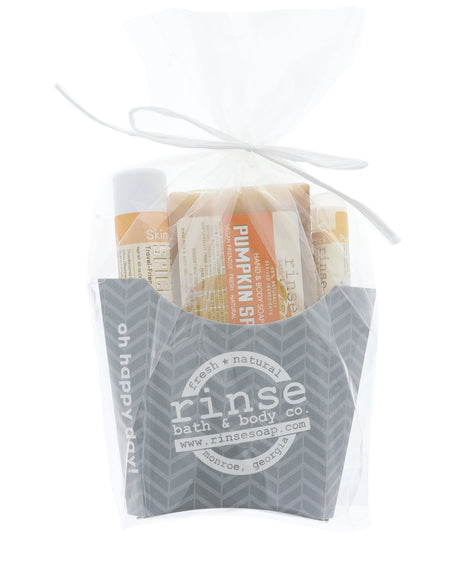 Pumpkin Spice fry carton wrapped in cellophane with ribbon — presentation-ready fall gift