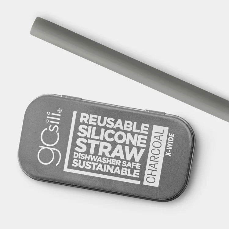 Reusable Silicone Straw with Travel Case - Extra Wide Charcoal from Rinse - family-made since 2003 - alternate angle