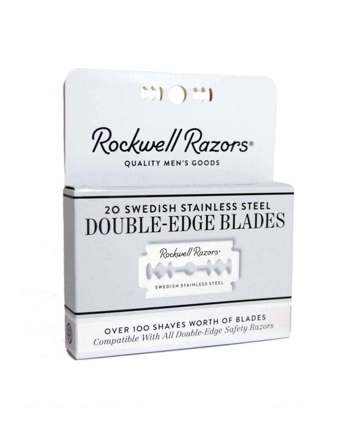 Rockwell 20-count double-edge razor blades hang-tab carton.