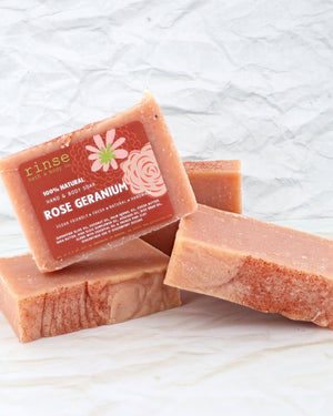 Rinse Rose Geranium handmade natural bar soap - moisturizing and gentle - lifestyle shot