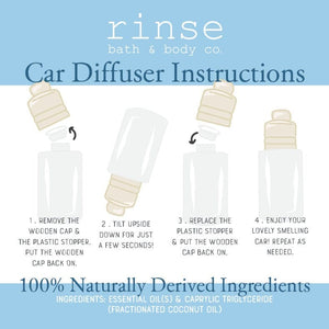 Orange Spearmint car diffuser how-to card: remove the stopper, tip to soak the wooden cap, re-cap. Essential oils in coconut oil