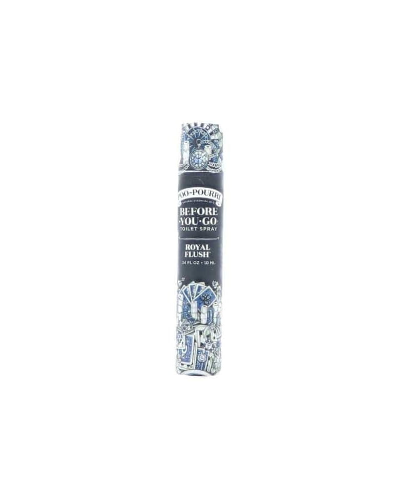 Royal Flush Poo-Pourri 10ml bottle standing on bright white — pocket-size toilet spray before-you-go formula.