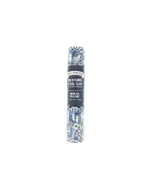 Royal Flush Poo-Pourri 10ml bottle standing on bright white — pocket-size toilet spray before-you-go formula.