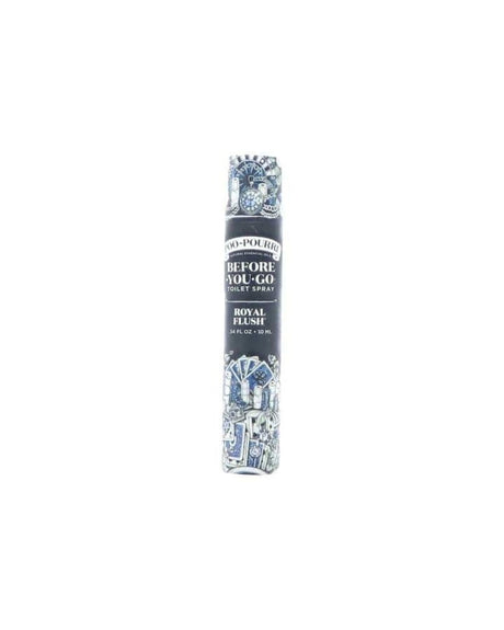Royal Flush Poo-Pourri 10ml bottle standing on bright white — pocket-size toilet spray before-you-go formula.