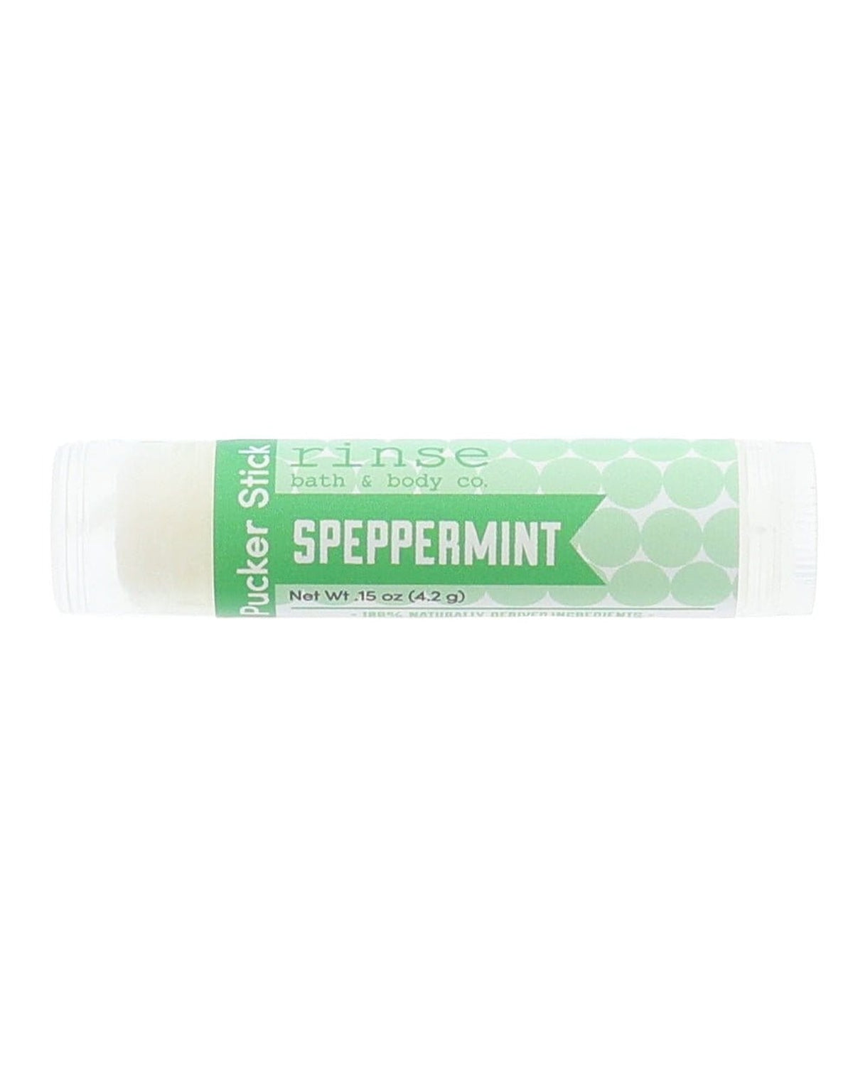 Speppermint Pucker Stick lying on bright white — mint-green patterned label reading SPEPPERMINT