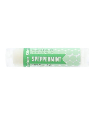 Speppermint Pucker Stick lying on bright white — mint-green patterned label reading SPEPPERMINT