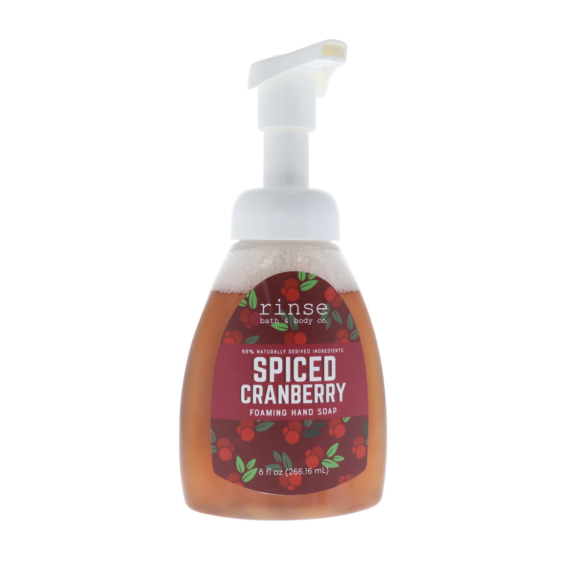 Spiced Cranberry Foaming Hand Soap pump bottle on white — red cranberry label and white foaming pump, front package view