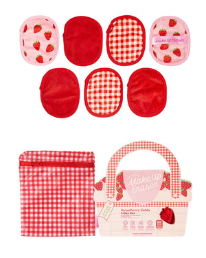 Strawberry Fields 7-Day MakeUp Eraser set flat lay — seven mini cloths, gingham laundry bag, and strawberry basket carton on white