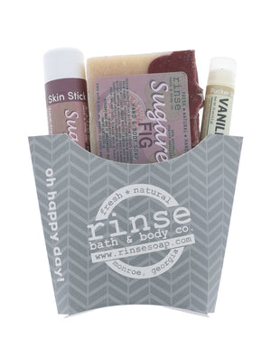 Sugared Fig holiday trio tucked in a gray oh-happy-day fry box — creamy soap with deep plum top on white