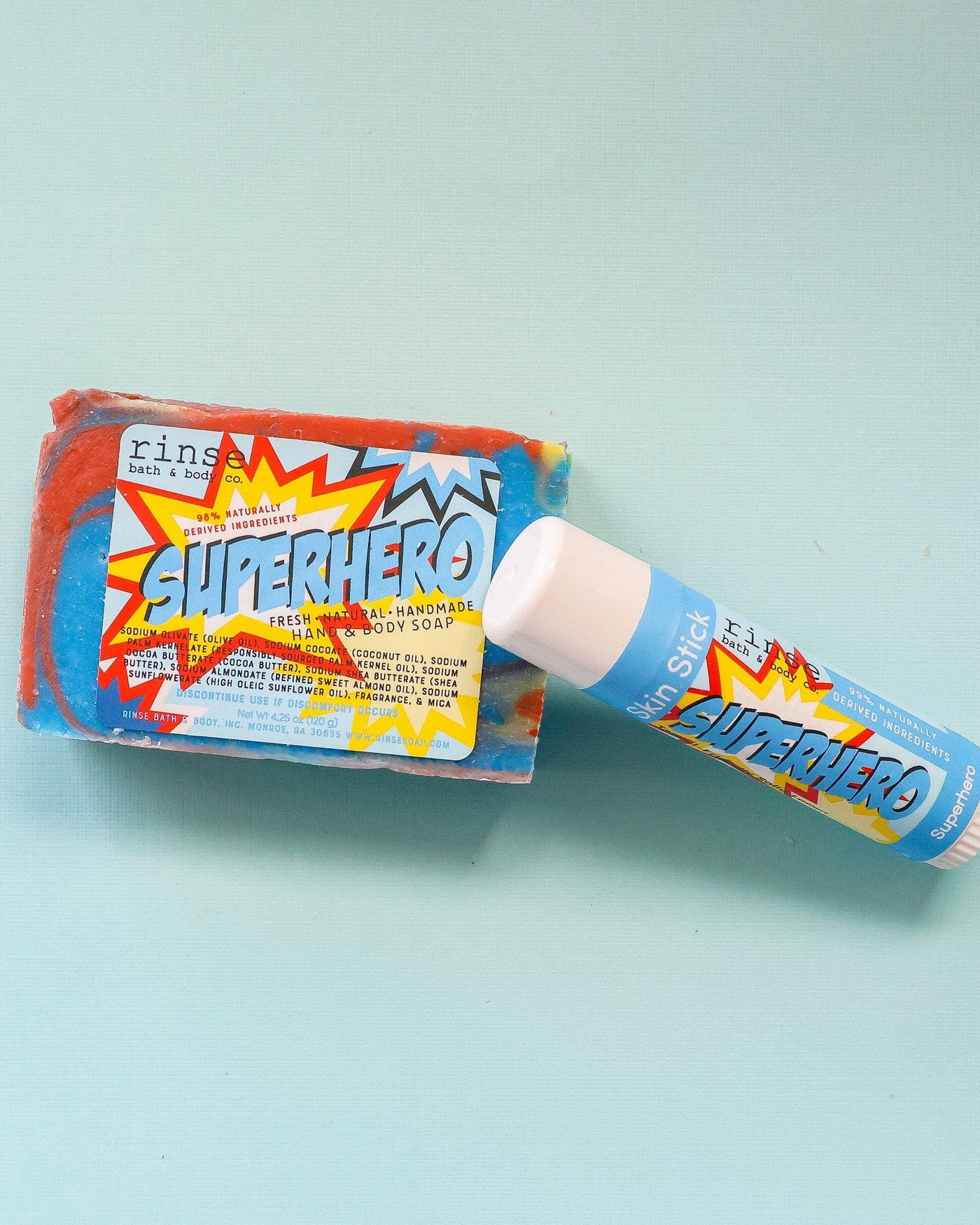Superhero solid lotion stick from Rinse - concentrated moisture bar - alternate angle