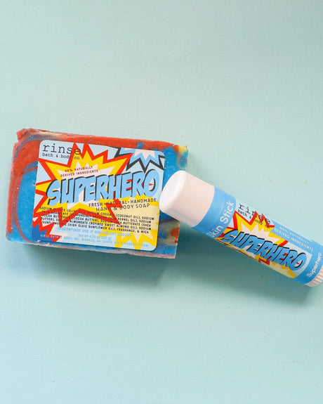 Superhero solid lotion stick from Rinse - concentrated moisture bar - alternate angle