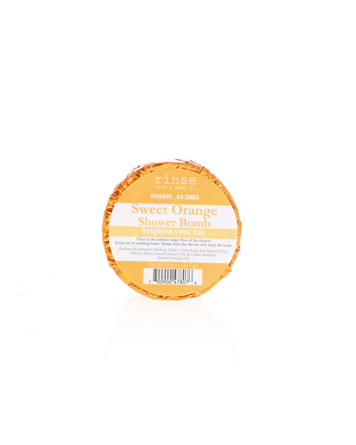 Sweet Orange Shower Bomb sits wrapped in foil with its current Rinse label; shown for display; listing is for one (1)