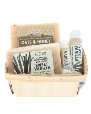 Sweet Vanilla berry till flat lay — Sweet Vanilla and Oats & Honey soaps with Vanilla Pucker Stick and Sweet Vanilla Skin Stick in grey tissue