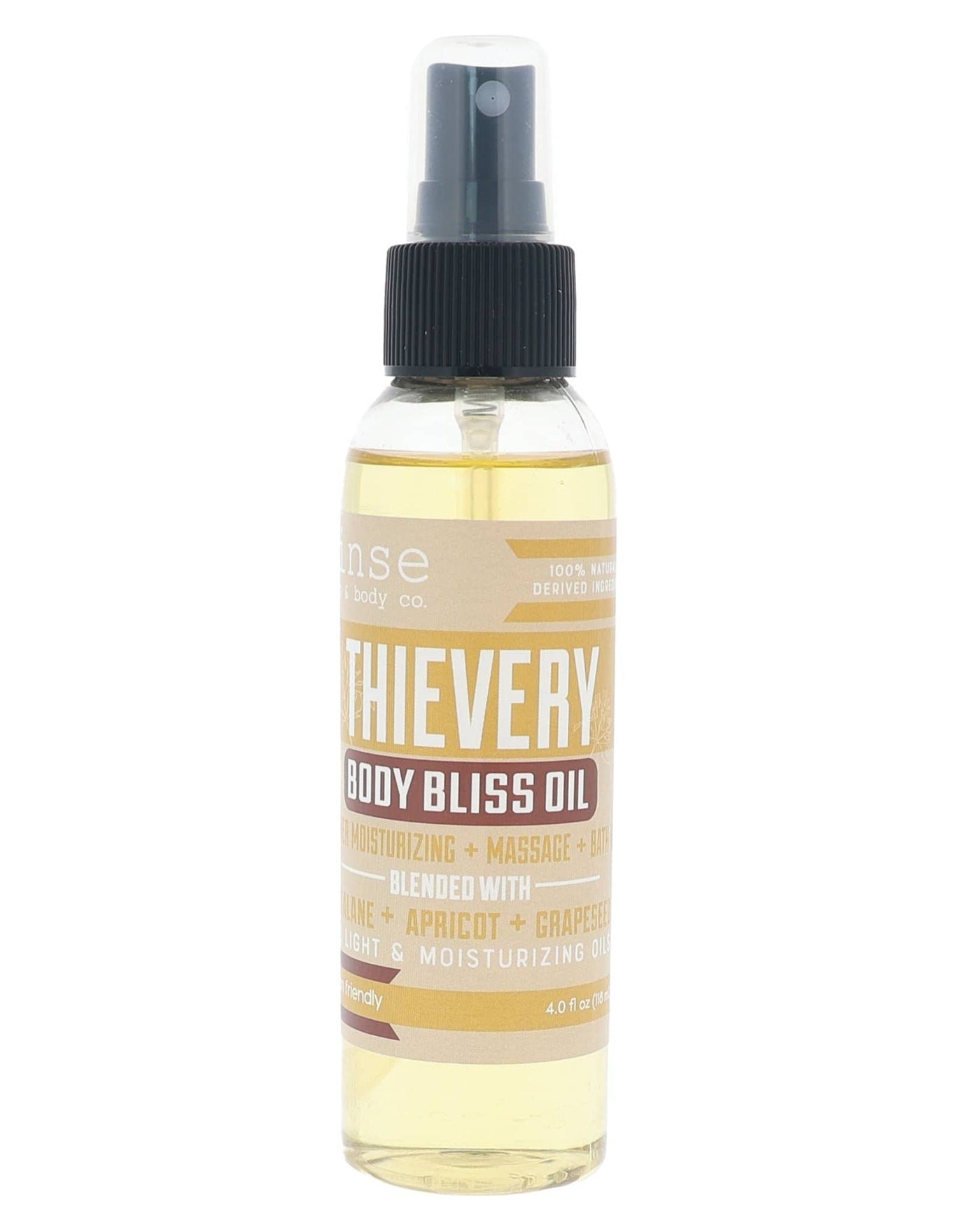 Thievery Body Bliss oil in its amber bottle — the warm four-thieves blend in a lightweight oil that leaves a soft sheen, not a slick. Rinse Bath & Body Co.