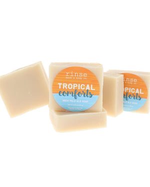 Tropical Comforts IPA beer soap stack — orange blue circle labels on clean bright white