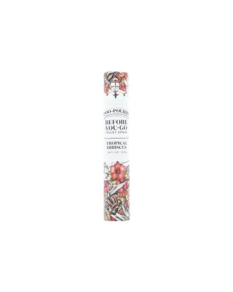 Tropical Hibiscus Poo-Pourri 10ml bottle standing on bright white — pocket-size toilet spray before-you-go formula.